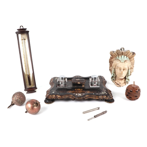 438 - A Victorian Jennens & Bettridge papier-mâché pen and ink stand with mother of pearl and gilt decorat... 