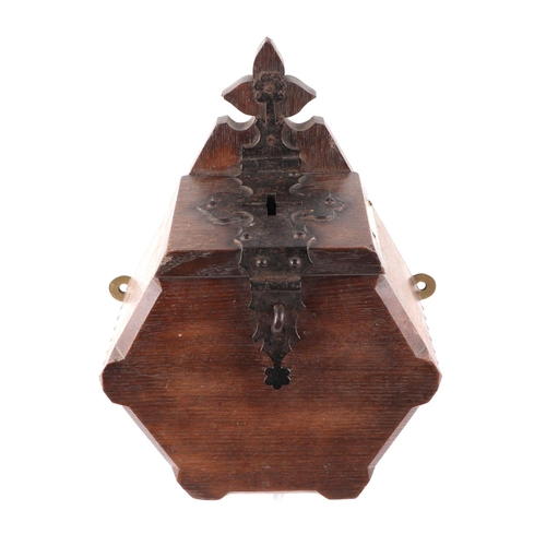 442 - A late Victorian gothic revival oak church wall mounted collection box, having iron strap work decor... 