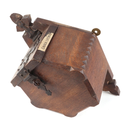 442 - A late Victorian gothic revival oak church wall mounted collection box, having iron strap work decor... 