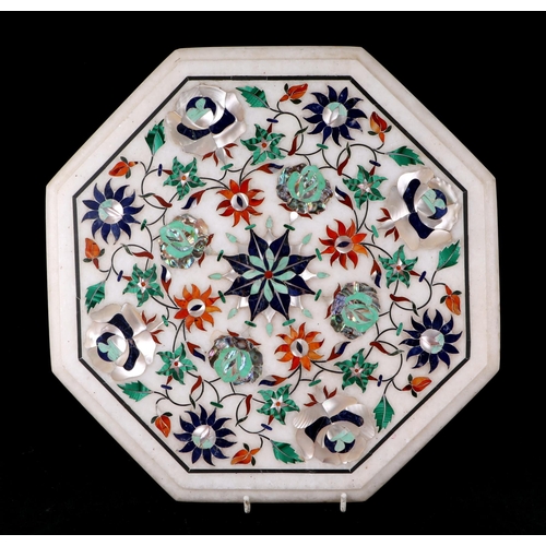 474 - An Indian black marble and multi stone inlay, Pietra Dura style, marquetry circular table top panel,... 