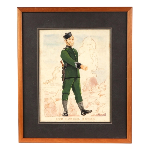65 - A full length portrait of a 4th Gurkha Rifles Solider, with cookery, rifle and other equipment, wate... 