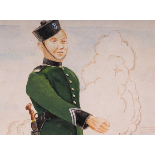 65 - A full length portrait of a 4th Gurkha Rifles Solider, with cookery, rifle and other equipment, wate... 