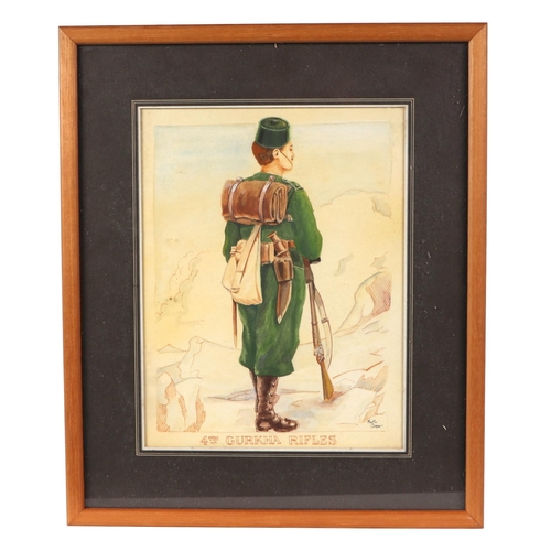 65 - A full length portrait of a 4th Gurkha Rifles Solider, with cookery, rifle and other equipment, wate... 