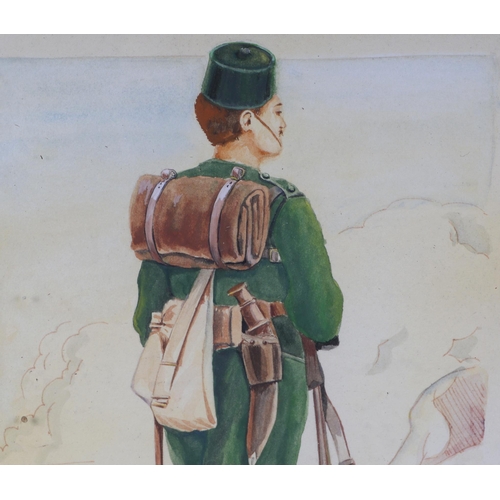 65 - A full length portrait of a 4th Gurkha Rifles Solider, with cookery, rifle and other equipment, wate... 