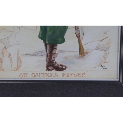 65 - A full length portrait of a 4th Gurkha Rifles Solider, with cookery, rifle and other equipment, wate... 