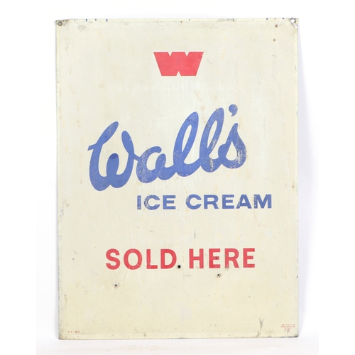 391 - A vintage printed tin, WALL'S ICE CREAM SOLD HERE advertising sign, printed by Franco S.W, 61 by 47c... 