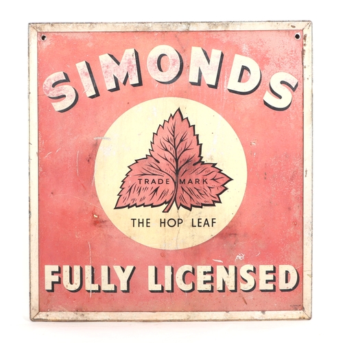 392 - A SIMONDS, THE HOP LEAF FULLY LICENSED double sided metal brewery advertising sign, 80 by 90cm, fram... 