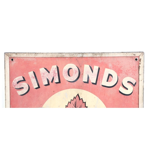392 - A SIMONDS, THE HOP LEAF FULLY LICENSED double sided metal brewery advertising sign, 80 by 90cm, fram... 