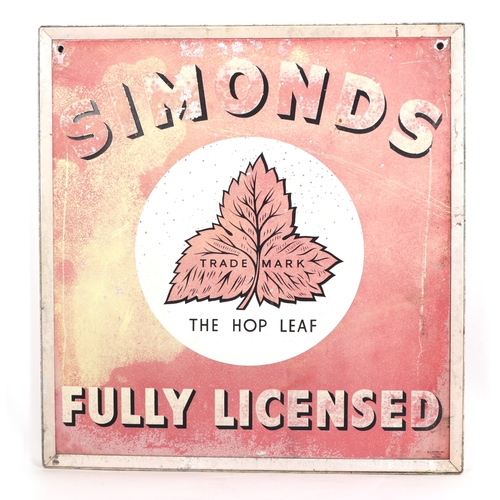 392 - A SIMONDS, THE HOP LEAF FULLY LICENSED double sided metal brewery advertising sign, 80 by 90cm, fram... 