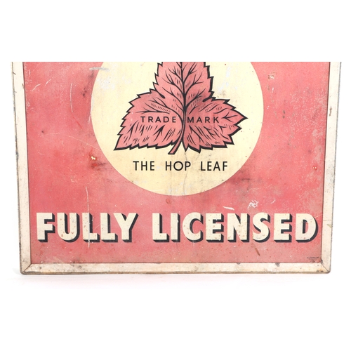 392 - A SIMONDS, THE HOP LEAF FULLY LICENSED double sided metal brewery advertising sign, 80 by 90cm, fram... 