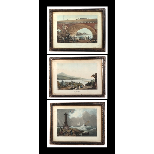 153 - A set of three 18th century ebonised and carved gilt picture frames, each containing coloured engrav... 