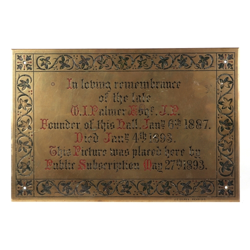 449 - A Victorian church brass memorial sign, dated 1834, 76 by 38cm, a Victorian cast iron telegraph pole... 