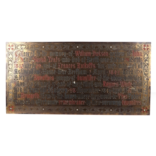 449 - A Victorian church brass memorial sign, dated 1834, 76 by 38cm, a Victorian cast iron telegraph pole... 