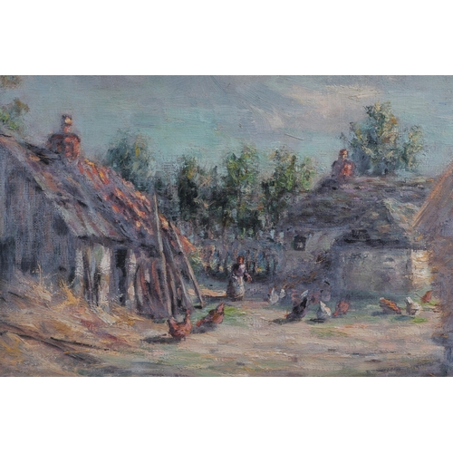 103 - Joseph Gray (1890-1962) - Farmyard Scene with Figure Feeding the Chickens - signed lower left, oil o... 