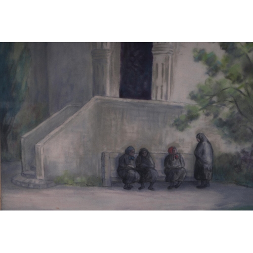 110 - Continental school - Four Old Ladies Outside a Church - watercolour, framed & glazed, 42 by 31cms.