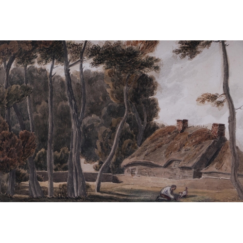 150 - John Varley (1778-1842) - Thatched Cottage with Boy and Small Dog in the Foreground - watercolour, f... 