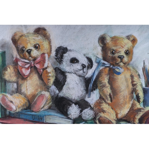 156 - Avril Morris (modern British) - Teddy Bears Tea Party - pastel, signed lower right, 50 by 40cms, fra... 