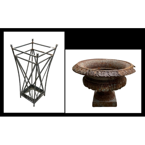 17 - A Neo-classical style cast iron urn, 29cms diameter (chip to rim); together with a strapwork metal s... 