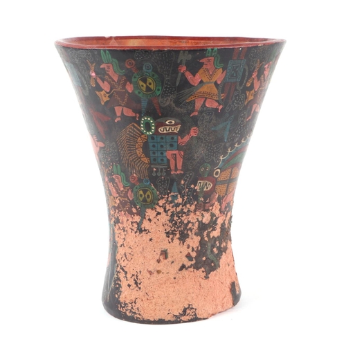 174 - A possibly South American pre-Columbian terracotta pottery vase of flared cylindrical form, decorate... 