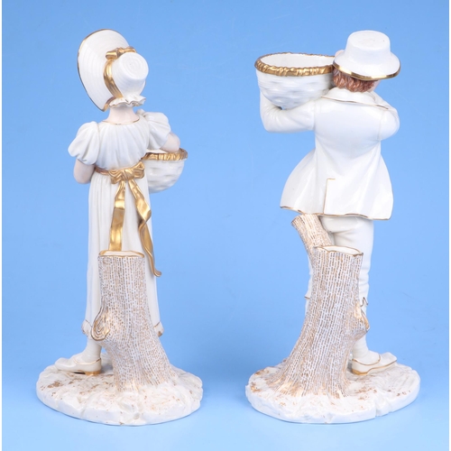 201 - A pair of late 19th century Royal Worcester spill vases in the form of a young man and a young lady ... 