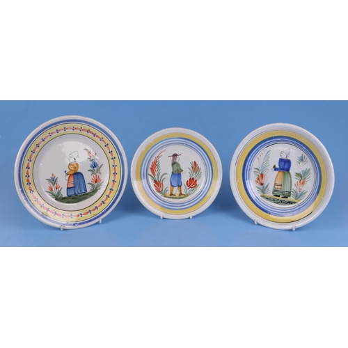 207 - Seven Quimper plates decorated with traditional figures, the largest 27cms diameter; together with s... 