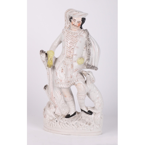 208 - A pair of Staffordshire flatback figures depicting a lady and gentleman on horseback, 19cms wide; to... 