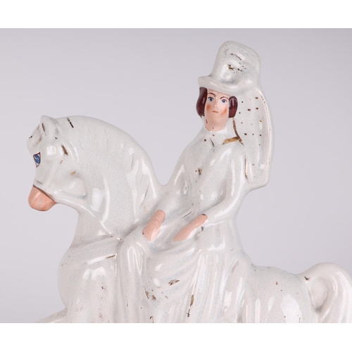 208 - A pair of Staffordshire flatback figures depicting a lady and gentleman on horseback, 19cms wide; to... 