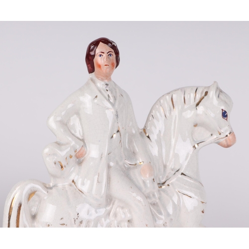 208 - A pair of Staffordshire flatback figures depicting a lady and gentleman on horseback, 19cms wide; to... 