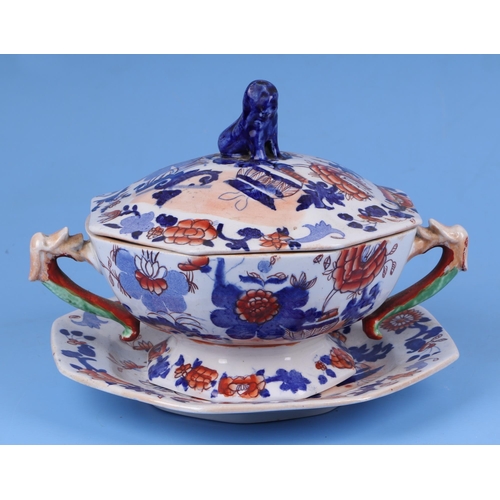 223 - A 19th century Mason's Ironstone tureen and cover on stand; together with a shaped hor d'oeuvres dis... 