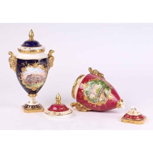 224 - A Coalport twin rams head handled urn and cover decorated with a hand painted vignette of a racecour... 