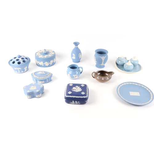 235 - A quantity of Wedgwood blue Jasperware items to include a small cheese dish and cover, 16cms diamete... 