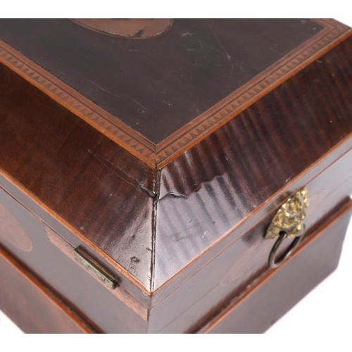 250 - A Regency hare wood sarcophagus box on drawer with marquetry inlaid decoration and lion mask ring ha... 