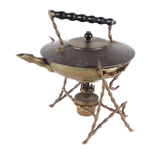 317 - A Dr Christopher Dresser style copper kettle on crabstock stand with burner; together with a pair of... 