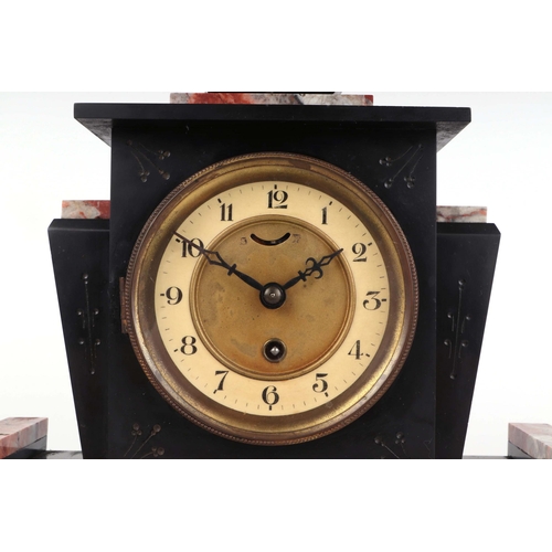 344 - An Art Deco style black slate and marble clock garniture, the brass dial with chapter ring and Arabi... 