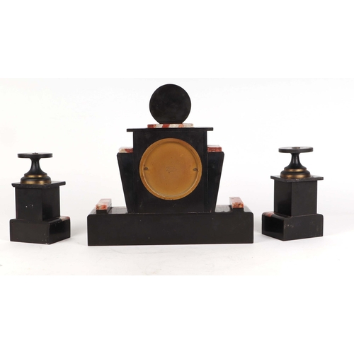 344 - An Art Deco style black slate and marble clock garniture, the brass dial with chapter ring and Arabi... 