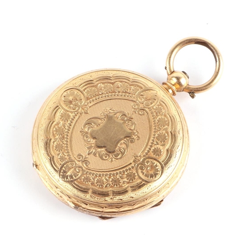 351 - An 18ct gold cased open faced fob watch, the dial with Roman numerals, 3.5cms diameter, gross weight... 