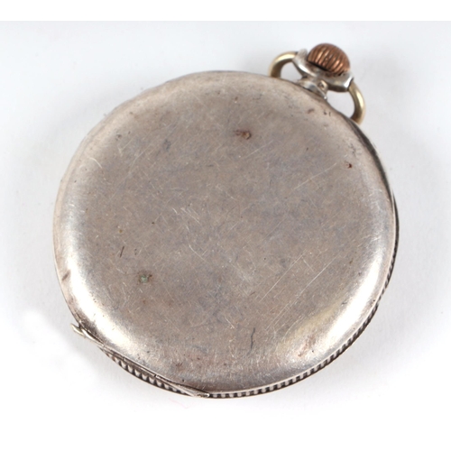 356 - A silver cased open faced Omega pocket watch, the white enamel dial with Roman numerals (a/f).