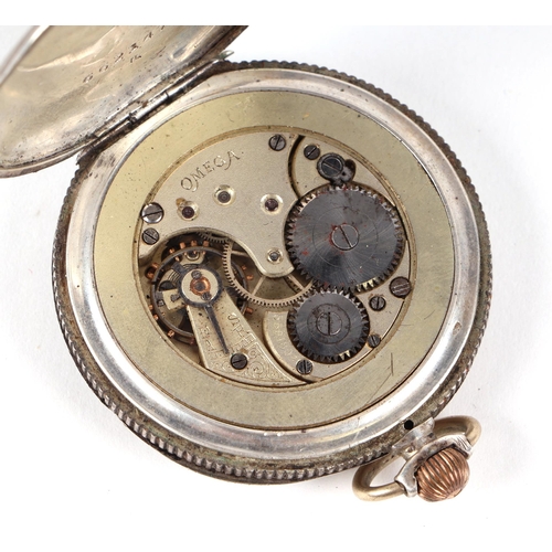 356 - A silver cased open faced Omega pocket watch, the white enamel dial with Roman numerals (a/f).