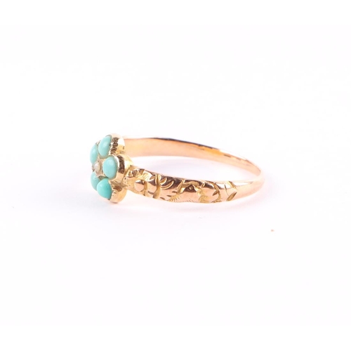 393 - A Victorian yellow metal turquoise and seed pearl ring, approx UK size I, 1.3g.`