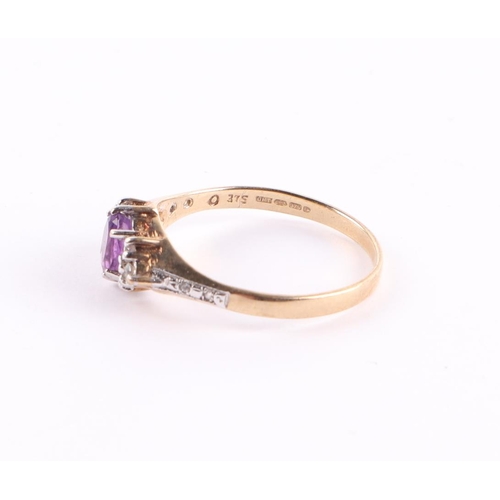 396 - A 9ct gold amethyst and white stone ring, approx UK size O, 2g.