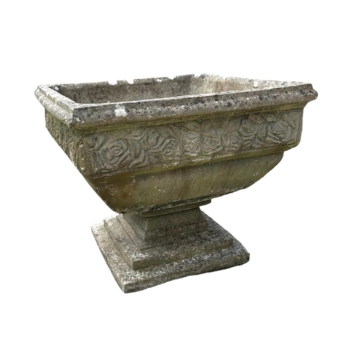 4 - A well weathered square form planter on stand.