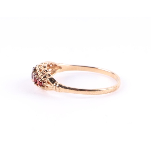 420 - An Edwardian style 9ct gold five-stone garnet ring, approx UK size P, 1.3g.