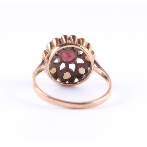 424 - A 9ct gold garnet and pearl cluster ring, approx UK size Q, 3.1g.