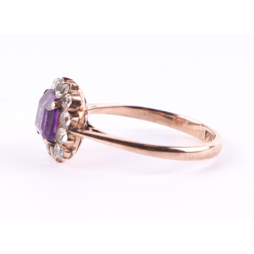 430 - A 9ct gold amethyst and diamond cluster ring, approx UK size T, 3.5g.