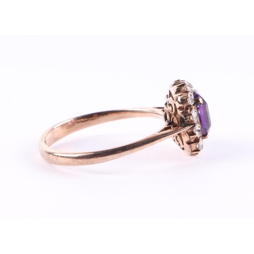 430 - A 9ct gold amethyst and diamond cluster ring, approx UK size T, 3.5g.