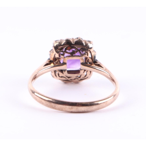 430 - A 9ct gold amethyst and diamond cluster ring, approx UK size T, 3.5g.