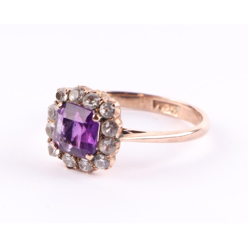 430 - A 9ct gold amethyst and diamond cluster ring, approx UK size T, 3.5g.