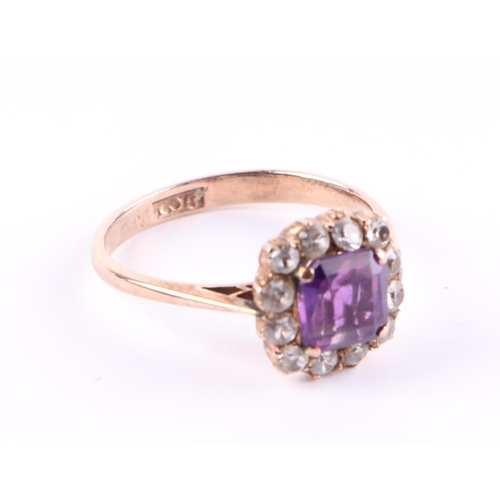 430 - A 9ct gold amethyst and diamond cluster ring, approx UK size T, 3.5g.