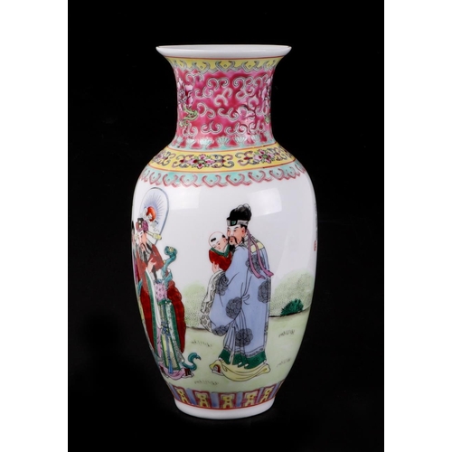 452 - A Chinese Republic style famille rose vase decorated with figures and calligraphy, 28cm high.