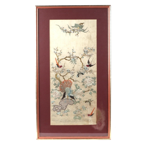 483 - A pair of 19th century Chinese silk embroidered panels decorated with birds and butterflies amongst ... 